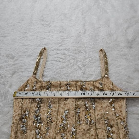 MAC DUGGAL Square Neck Golden Striped Sequin Sleeveless Midi Dress 8 - Picture 9 of 12